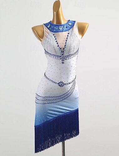  Robe de danse latine salsa ornée de strass et de pompons, sans manches, pour l'entraînement et la performance, idéale pour la rumba et le tango.