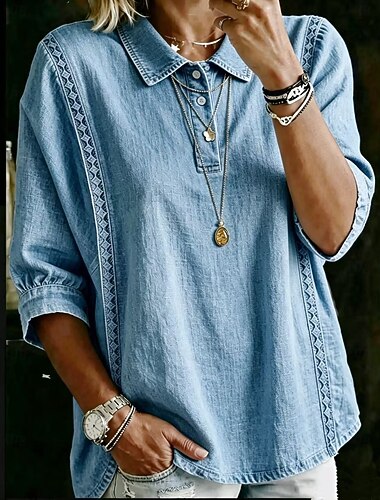 Mulheres Camisas Polo Blusa Tops de renda Tecido Boêmia Manga 3/4 Lapela Tops regulares Azul Claro Branco Rosa Azul Royal Azul Céu Verão Primavera
