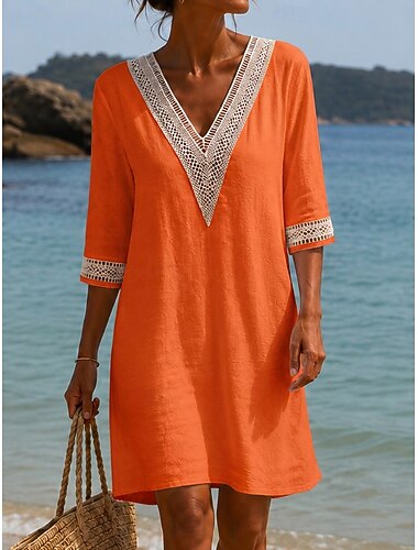  Mulheres Vestido no Joelho Vestido de renda Vestido branco Vestido de verão Elegante Moda Diário Praia Férias Normal Tecido Meia Manga Decote V Azul Cáqui Branco Laranja Verão Primavera