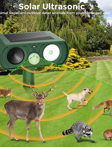  Solarbetriebener Ultraschall-Tiervertreiber für den Außenbereich, bewegungsaktiviert, zur Abschreckung von Rehen, Eichhörnchen, Kaninchen, Katzen, Hunden, Waschbären und Füchsen, wasserdicht, mit