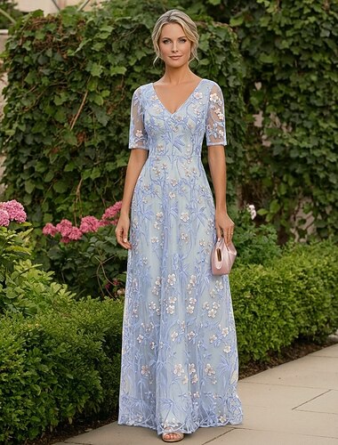 Corte A Hasta el Suelo Vestido de Madrina Manga Corta Media Manga Escote en Pico Elegante Vintage Embellecido Formal Invitado a la boda Fiesta de Boda Encaje Tul con Bordados Apliques
