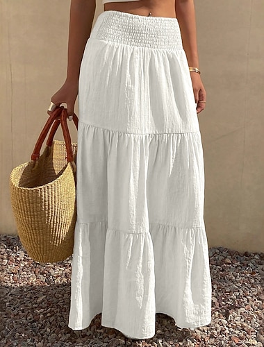  Per donna Gonna da vacanza Bohemien Maxi Vita Alta Gonne Bianco Estate