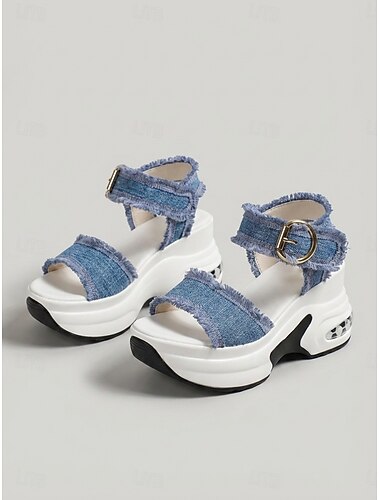  Dam denimblå sandaler med fransar - grova platåskor med sportiga sandaler och justerbart spänne, vardagsskor för sommaren, vardagskläder och promenader &utomhusaktiviteter