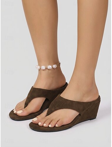 Chanclas de cuña de ante color café oscuro para mujer: elegantes sandalias minimalistas de dedo con plataforma baja para vacaciones en cruceros y excursiones tropicales. &ropa informal de resort