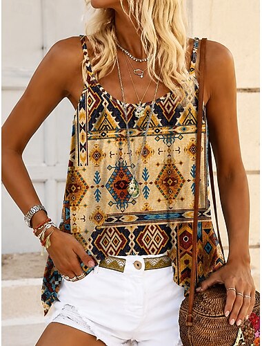  Dames Overhemd Blouse Afdrukken Grafisch Geometrisch Paisley Bohemen Vintage Tropisch Mouwloos hihnat Normale tops Casual Dagelijks Khaki Rood Donkergroen Paars Bruin Zomer Lente