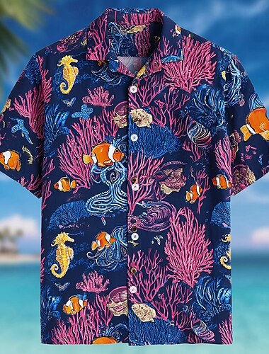  Homme Hippocampe Poisson Corail Chemise hawaïenne Chemises tropicales Chemise Aloha Manche Courte Hawaïen Quotidien Vacances à la Plage Été Printemps Col Rabattu Impression 3D Chemises boutonnées