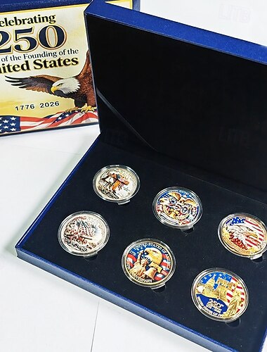  Amerikansk minnemyntsett for 250-årsjubileet, 6 mynter i gaveeske, patriotiske samlermynter for 1776–2026, suvenir fra uavhengighetsdagen, historiske amerikanske mynter, amerikansk flagg &skallet ørn