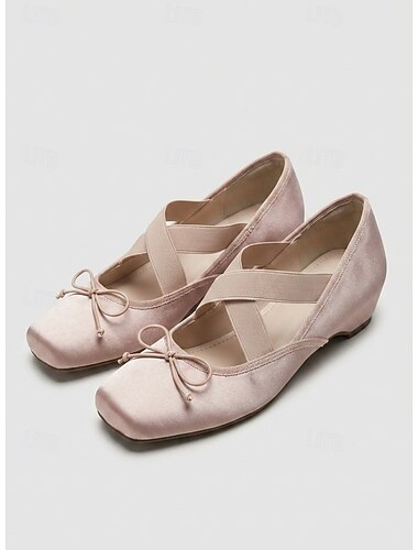  Champagnekleurige satijnen ballerina's voor dames - elegante Mary Janes met vierkante neus en gekruiste bandjes. &Strikje als accent voor dagelijks gebruik op kantoor, casual chic. &stadswandelingen