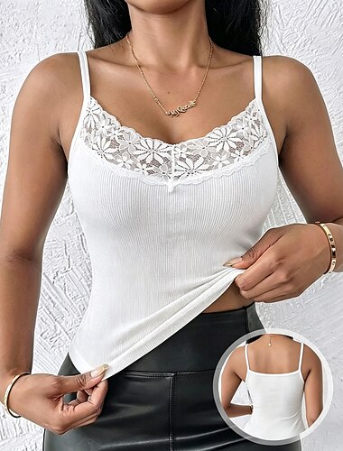  Dame Camisole Tank Top Konsistens Blondestrim Elegant Ermeløs Øsehals Vanlige topper Avslappet Daglig Svart Hvit Grå Sommer Vår