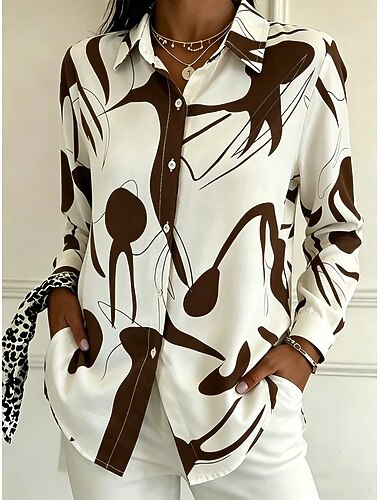 Per donna Camicia Patchwork Bottoni Grafico Geometrico Vintage Moderno Casual Manica Lunga Colletto a Camicia Top lunghi Casuale Quotidiano Ferie Bianco Marrone Estate Primavera