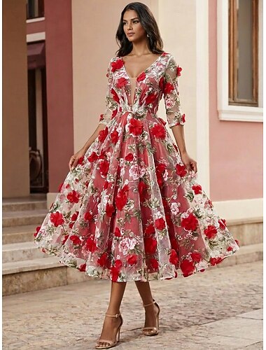  A-Linie Knöchellänge Cocktailkleider Elegant Vintage Blumen Dreiviertelarm V Ausschnitt Gartenparty Hochzeit Satin Organza mit Blumenmuster Gestickte Blume Falten