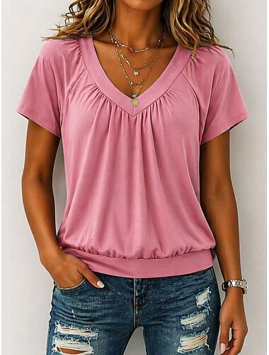  Dam T-shirt T-shirts Slät Elegant Stylish Kortärmad V-hals Vanliga toppar Ledigt Dagligen Strand Vit Rodnande Rosa Marinblå Grön Sommar Vår