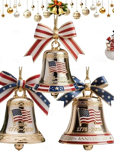  Confezione da 3 ornamenti natalizi a forma di campana per il 250° anniversario degli Stati Uniti, campana commemorativa in metallo con bandiera americana patriottica 1776-2026 per la decorazione