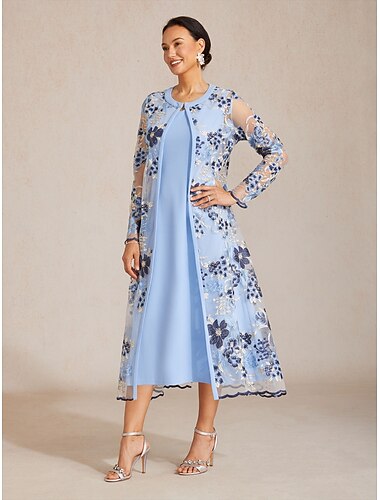  Dames Regenjas Ademend Geborduurd Elegant Bloemig Formeel Lang Ronde hals Normale pasvorm Lange mouw bovenkleding Hemelsblauw Zomer Lente