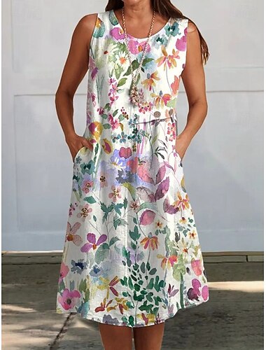  Damen Knielanges Kleid Sommerkleid Freizeitkleid A Linie Kleid Elegant Urlaub Stilvoll Strand Ferien Normale Passform Blumen Grafik Ärmellos Rundhalsausschnitt Hellrosa Magenta Weiß Grau Sommer