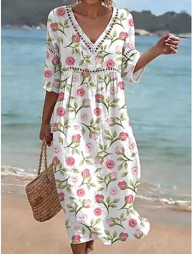  Damen Midikleid Shiftkleid Lässig Strand Lässiger Schnitt Blumen Grafik Dreiviertelarm V Ausschnitt Blau Weiß Rosa Sommer Frühling