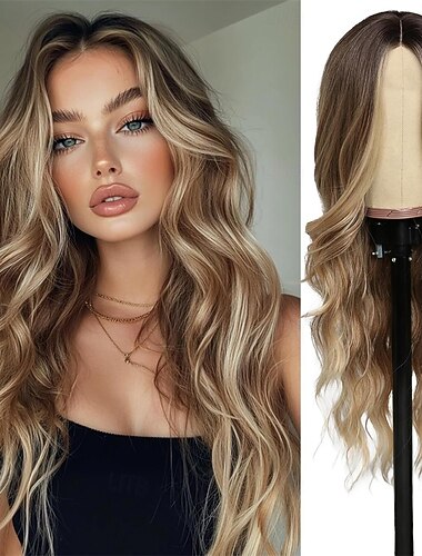  Długa blond peruka dla kobiet z przedziałkiem na środku, ombre, blond, falowane peruki, naturalnie wyglądające, syntetyczne, odporne na ciepło, peruki z włókien, do codziennego użytku na imprezach