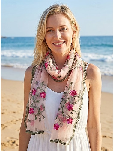  Dames boho sjaal met bloemenborduurwerk - lichtgewicht, ademende polyester sjaal in diverse kleuren, perfect Moederdagcadeau voor een strandvakantie of als casual kledingstuk voor dagelijks gebruik.