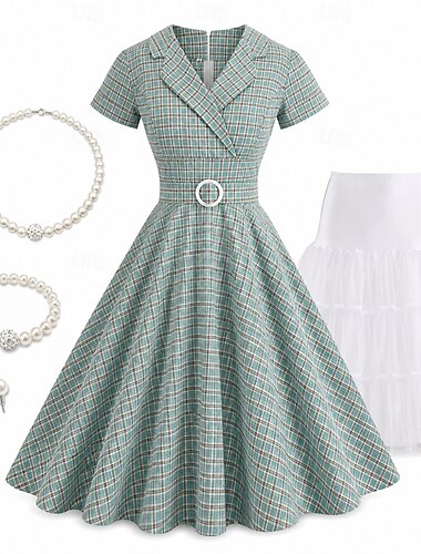  Conjunto Anos 50 Retro Vintage Meio-dia Longuette Vestidos Anágua Vestido swing com acessórios Xadrez / Guingão Justo & Evasê Fantasia Mulheres Baile de Máscaras Renascimento Festa de Chá Adulto