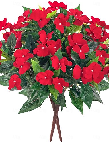 2 piezas de flores artificiales para exteriores, ramo de impatiens artificiales de seda para exteriores, flores de primavera, flores artificiales para decoración de interiores, 15.7"