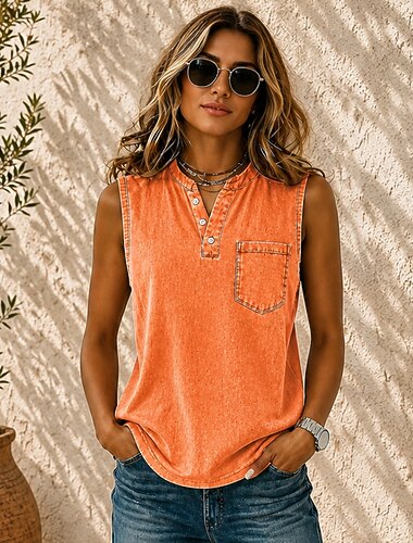  نسائي 100% Cotton قميص هينلي عتيق موضة أنيق بدون كم قمصان طويلة فضفاض مناسب للبس اليومي شاطئ برتقالي الصيف الربيع