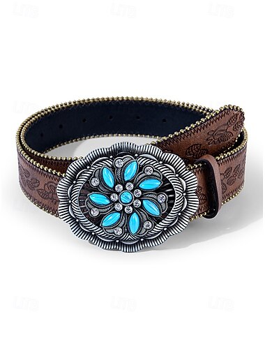  Damesriem in bohemian stijl van imitatieleer, verstelbare western tailleband met reliëf bloemenmotief, perfect voor strandvakanties en dagelijks casual gebruik.