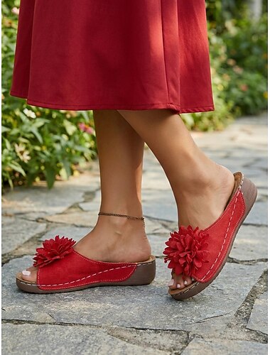  Sandálias femininas de dedo com estampa floral vermelha – chinelos casuais de bico aberto, confortáveis e fáceis de calçar, ideais para o verão, passeios no jardim e viagens. &roupa para uso diário