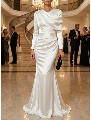  Corte Trompeta Sirena Hasta el Suelo Vestidos de noche Elegante Noche de talle imperio Manga Larga Cuello Alto Fiesta de Noche Boda Satén elástico con Plisado Un Color