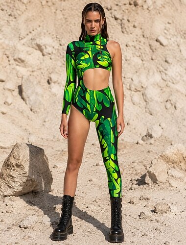  Rozcięcia Body Kostium Onesie Graficzny Abstrakcja Drukowanie Neon Asymetryczny Zachwycać się Damskie Kostium na Festiwal Muzyczny Impreza Klub nocny Halloween Karnawał Dla dorosłych