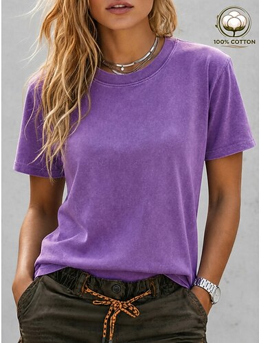  softfade™ dames t-shirt van 100% katoen met acid wash afwerking, katoenen shirt, top, effen kleur, vintage mode, stijlvol, mouwloos, korte mouwen, ronde hals, normale tops, casual, dagelijks, uitgaan, zomer
