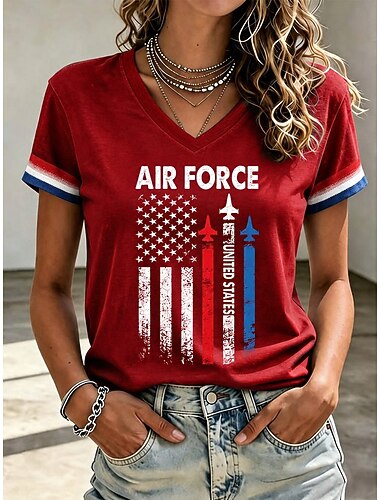  American Independence Day Women's T Shirt Print Graphic American Flag Vintage Stylish Classic Short Sleeve V Neck Regular Tops Casual Daily Blue White Red Summer Spring Fall Winter