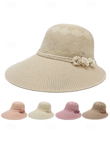  Dames boho stro zonnehoed - zomerse strandhoed met brede rand en 3D-bloemenversiering, ademende geweven polyester fedora voor vakantie en dagelijks casual gebruik. &zonbescherming, verkrijgbaar in