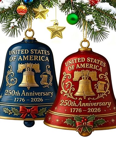  Conjunto de 2 enfeites comemorativos do 250º aniversário dos EUA em forma de sino (1776-2026), decoração patriótica para árvore de Natal com o sino da liberdade, lembrança do semiquincentenário dos