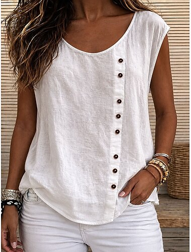 Mulheres Blusa Côr Sólida Vintage à moda Clássico Sem Manga Manga Curta Gola Redonda Tops longos Casual Diário Branco Amarelo Verde Verão Primavera