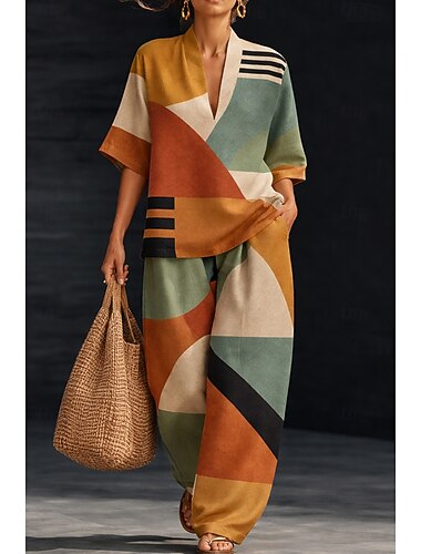  Femmes Survêtement Tailleur Ensembles de Pantalons Sans manches Demi Manches Col en V Fleuri Géométrique Imprimé Élégant Vacances ancien Occasionnel Quotidien Intérieur Rose Claire Orange Vert