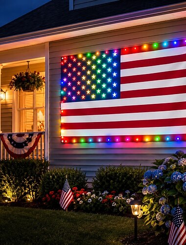  Amerikanska flagglampor utomhus, 3x5 fot stor amerikansk flagga med 98 ljusa lysdioder, styrning med funktionsknapp USB-kontakt, dekorera din innergård eller lys upp viktiga festivaler, färg