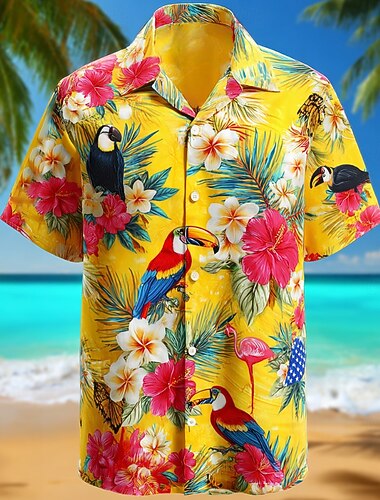  Homme Drapeau Américain Perroquet Cocotier Chemise hawaïenne Chemises tropicales Chemise Aloha Manche Courte Hawaïen Quotidien Vacances à la Plage Été Printemps Col Rabattu Impression 3D Chemises