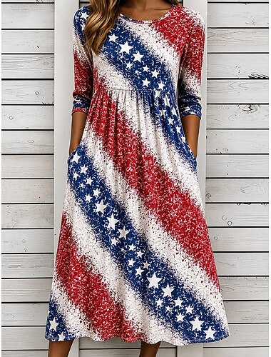  Amerikaanse onafhankelijkheidsdag Dames Halflange jurk Hemdjurk Vakantie Feest Casual Dagelijks Zomerjurk Lente Jurk Normale pasvorm Bloemig Grafisch Amerikaanse vlag 3/4 mouw Strakke ronde hals