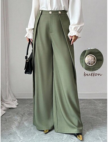  Dames Breed Been Pakken Elegant Modieus Streetwear Volledige lengte Hoge taille Effen Zak Elastische taille Comfortabel Inelastisch Dagelijks Kantoor Vakantie Groen Herfst Lente, Herfst, Winter, Zomer