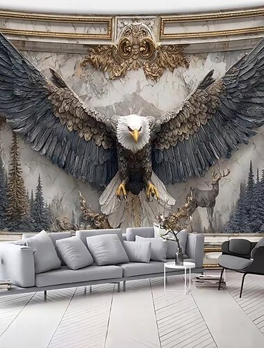  3D-Wandteppich mit Adlermotiv, fliegenden Weißkopfseeadlerflügeln und Waldlandschaft als Wandbehang für Wohnzimmer, Schlafzimmer oder als Wildtierdekoration