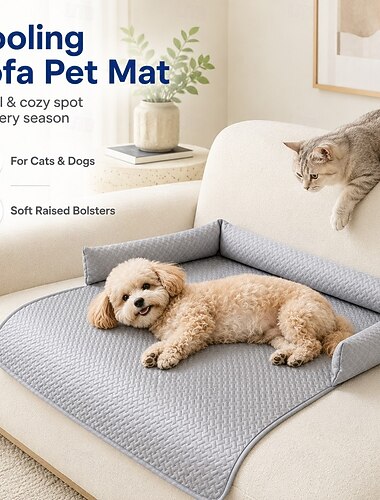  犬用冷却マット、ペット用ソファマット、犬猫用冷却ペットベッド、隆起したボルスター付き、洗濯可能、夏用ペットソファプロテクター、ソファベッドの床、屋内用
