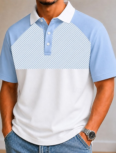  Homens Bloco de cor Geométrico Camisas Polo Manga Curta Camisas polo Casual Escola Roupa Esportiva Vestir para trabalhar Feriado Impressão 3D Botões Malha Respirável Primavera Verão Azul Azul 1 Azul