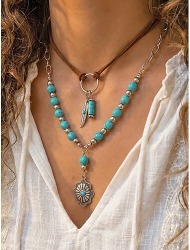  Dames bohemian gelaagde ketting met turkooizen kralen, zilveren ketting en veer. &Bloemenhanger, bandje van imitatie suède, casual en geschikt voor vakantie