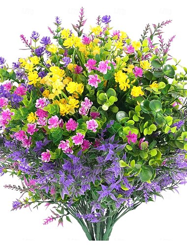  12 stk kunstige blomster utendørs, imiterte kunstige planter UV-bestandige plastblomster i bulk til hengende blomsterkasser veranda vindu hjem bryllup høst sommerdekor (12, fuchsia, lilla, gul, grønn)