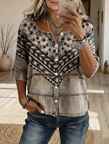  Carnevale Per donna Camicia Top traforato Camicia Boho Camicia di Pizzo Elegante Bohemien Attivo Manica 3/4 Girocollo Top lunghi Casuale Blu Rosso Marrone Verde Estate Primavera