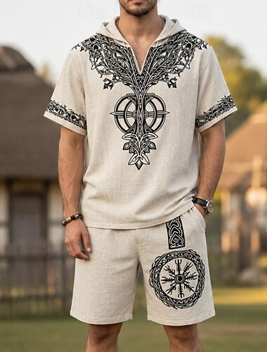  Conjunto Medieval Renascentista Japonesa/Curta Calção Viking Textura com aparência de linho Fantasia Homens Dia Das Bruxas Carnaval LARP Ren Faire férias na praia Adulto Calções Camiseta Verão