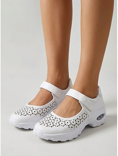  Sandales sport Mary Jane blanches confortables pour femmes - confortables et respirantes toute la journée, avec bride ajustable perforée et semelle à coussin d'air, idéales pour la marche et les
