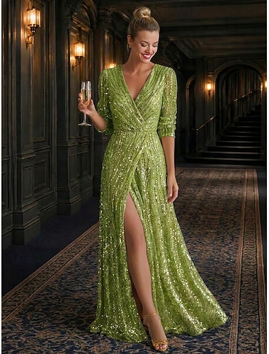  A-Linie Bodenlang Abendkleid Festliche Kleidung Elegant Glitzern Hoher Schlitz Dreiviertelarm V Ausschnitt Abendgesellschaft Hochzeit Paillettenbesetzt mit Glitzer Paillette Einfarbig