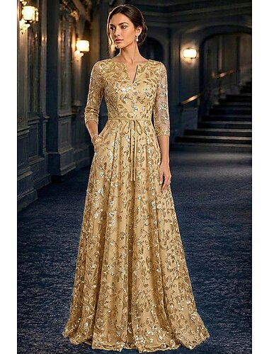  Krój A Sukienki Sięgająca podłoża Sukienka na imprezę Sukienka koktajlowa Sukienka dla matki panny młodej Długi rękaw W serek Elegancja Zabytkowe Ozdobny Formalny Gość weselny Kentucky Derby Szyfon