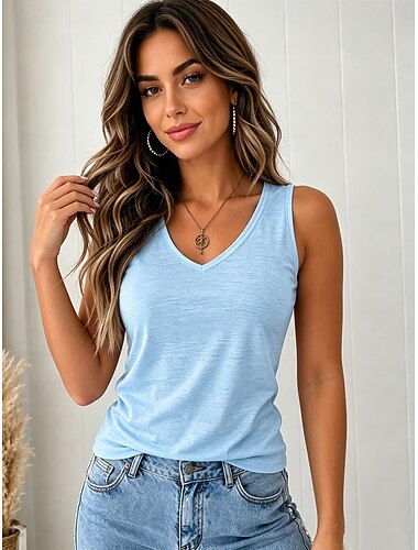  Mulheres Malha Íntima Tecido Vintage à moda Clássico Sem Manga Decote V Tops regulares Casual Diário Azul Verão Primavera